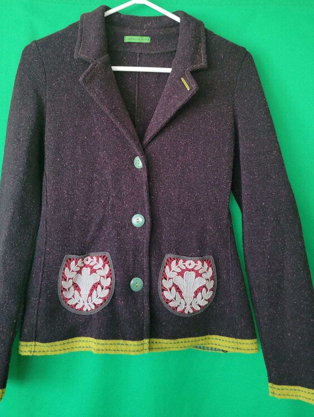Catherine Andre Embroidered Dark Purple Wool-Blend Blazer Jacket Sz Small Women